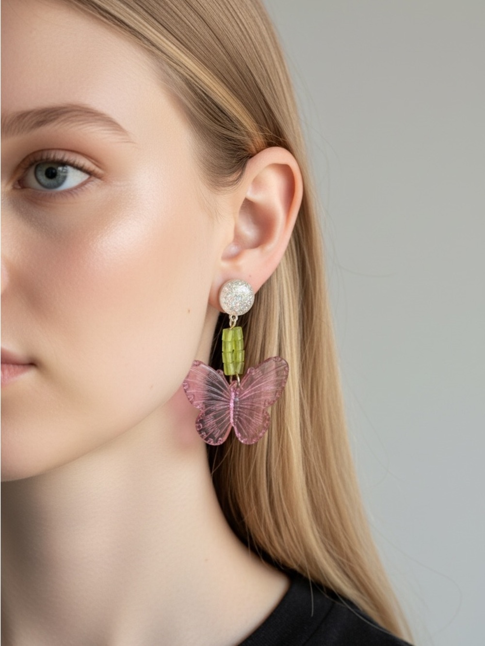 10/3 Pink Butterfly Drop Earrings with Green Bead Accent